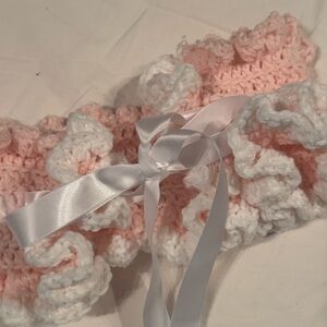 Hand made Pink and White Crochet Ruffle Scarf with white satin ribbon